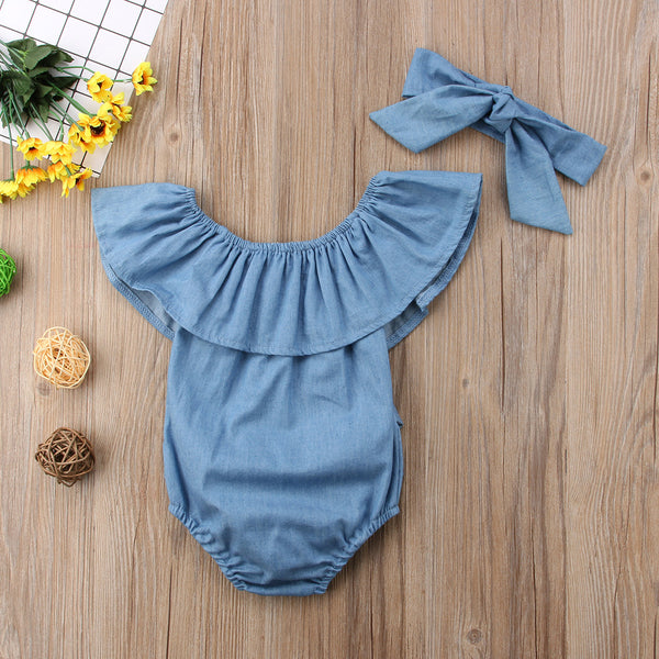 Newborn Baby Girl Ruffles Denim Romper